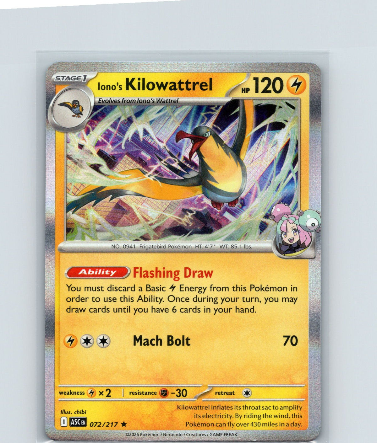 Iono's Kilowattrel Holo Rare ME: Ascended Heroes 072/217 NM