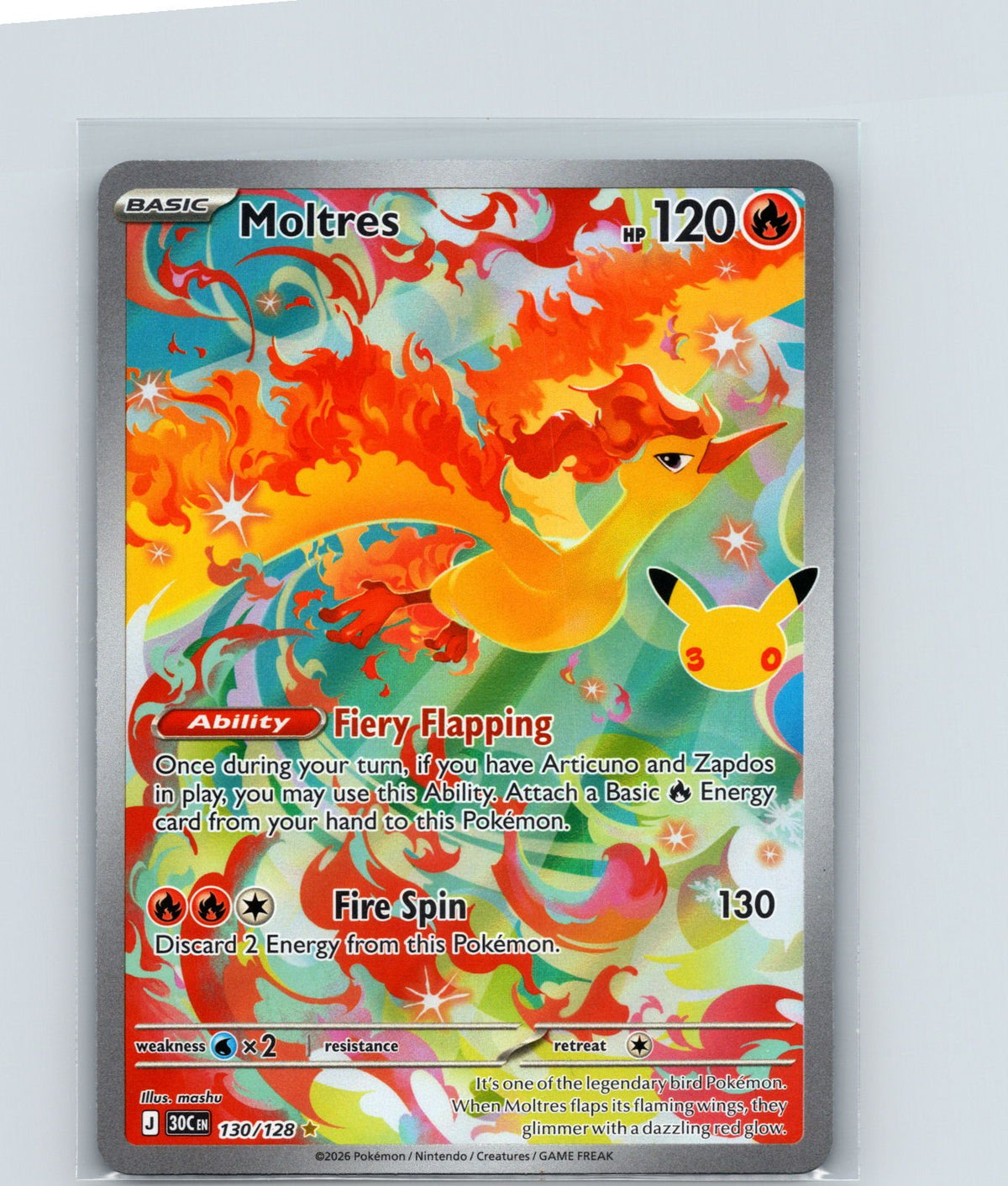 Moltres Holo Illustration Rare ME: 30th Celebration 130/128 NM