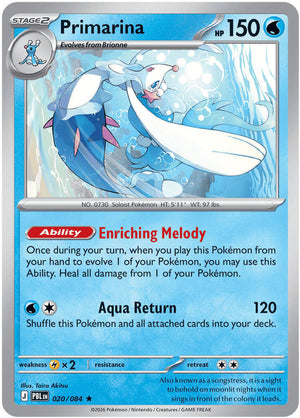 Primarina Reverse Holo Rare ME05: Pitch Black 020/084 NM