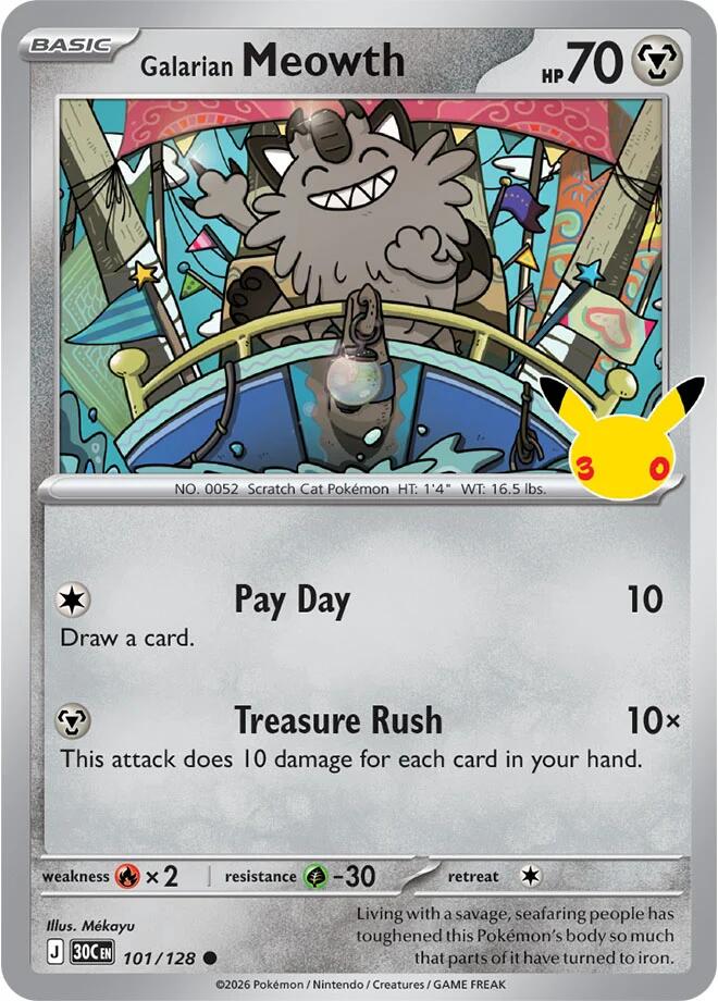 Galarian Meowth Holo Common ME: 30th Celebration 101/128 NM