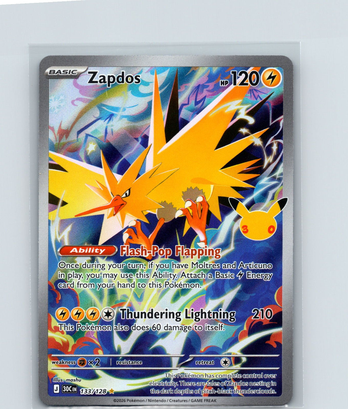 Zapdos Holo Illustration Rare ME: 30th Celebration 133/128 NM